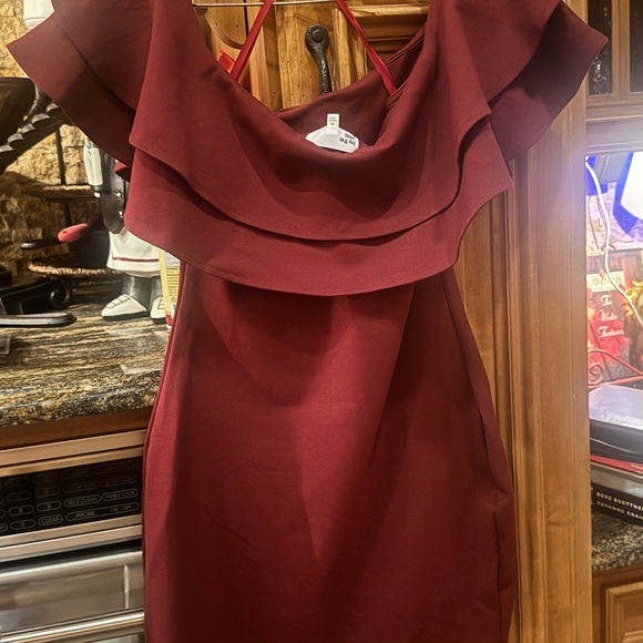 by the way. Off-Shoulder Burgundy Mini Dress worn once! - Picture 4 of 4